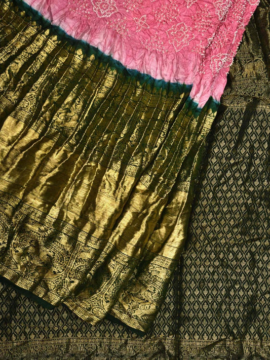 Baby Pink and Green Bandhani Kanchipuram Silk Handloom Saree with Border and Pallu Design bn0353