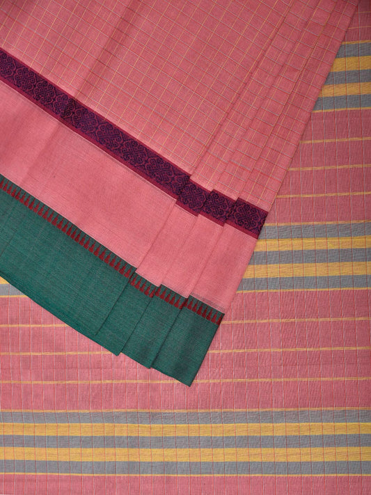 Baby Pink and Green Narayanpet Cotton Handloom Saree with Checks Design No Blouse np1112