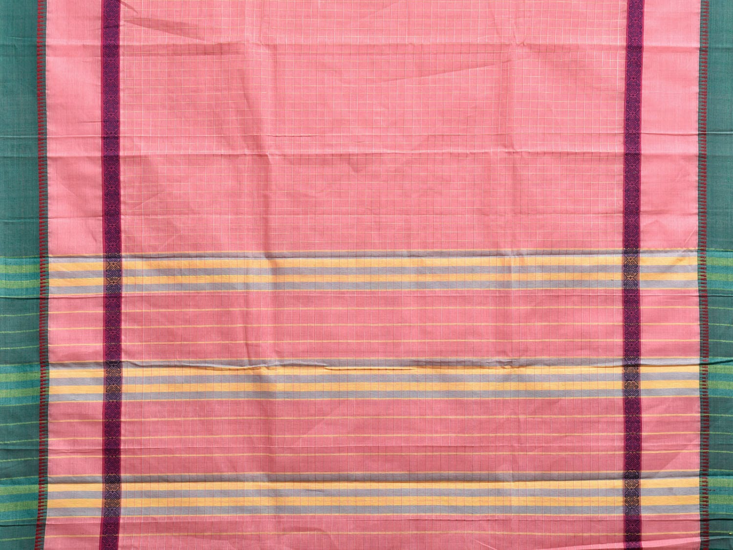 Baby Pink and Green Narayanpet Cotton Handloom Saree with Checks Design No Blouse np1112