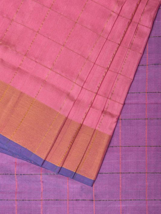 Baby Pink and Lavender Uppada Silk Handloom Saree with Checks and Contrast Pallu Design u2139