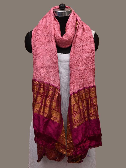 Baby Pink and Magenta Bandhani Kanchipuram Silk Handloom Dupatta with Zari Border Design ds3119