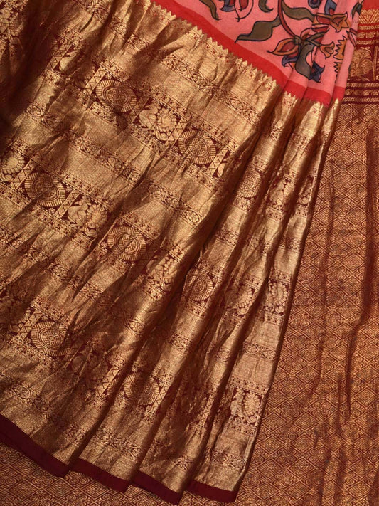 Baby Pink and Maroon Kalamkari Hand Painted Kanchipuram Silk Handloom Saree with Big Border Design KL0546
