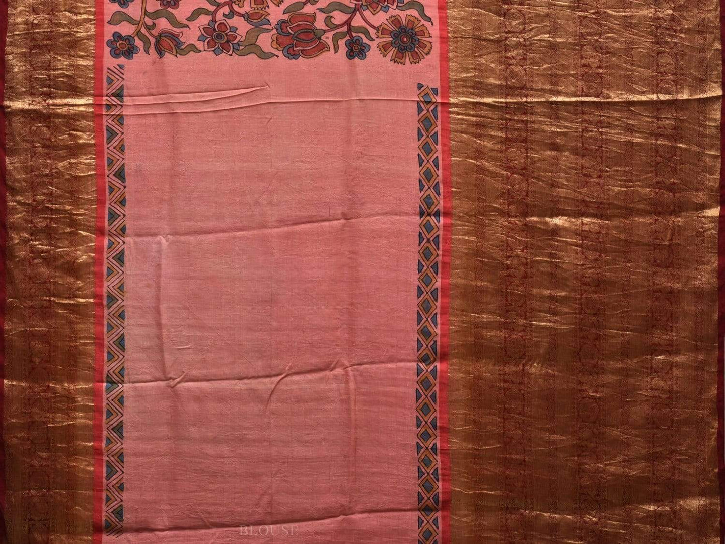 Baby Pink and Maroon Kalamkari Hand Painted Kanchipuram Silk Handloom Saree with Big Border Design KL0546