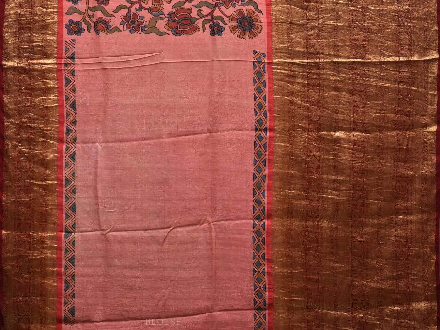 Baby Pink and Maroon Kalamkari Hand Painted Kanchipuram Silk Handloom Saree with Big Border Design KL0546