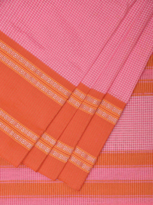 Baby Pink and Orange Bamboo Cotton Saree with Small Checks Design No Blouse bc0388