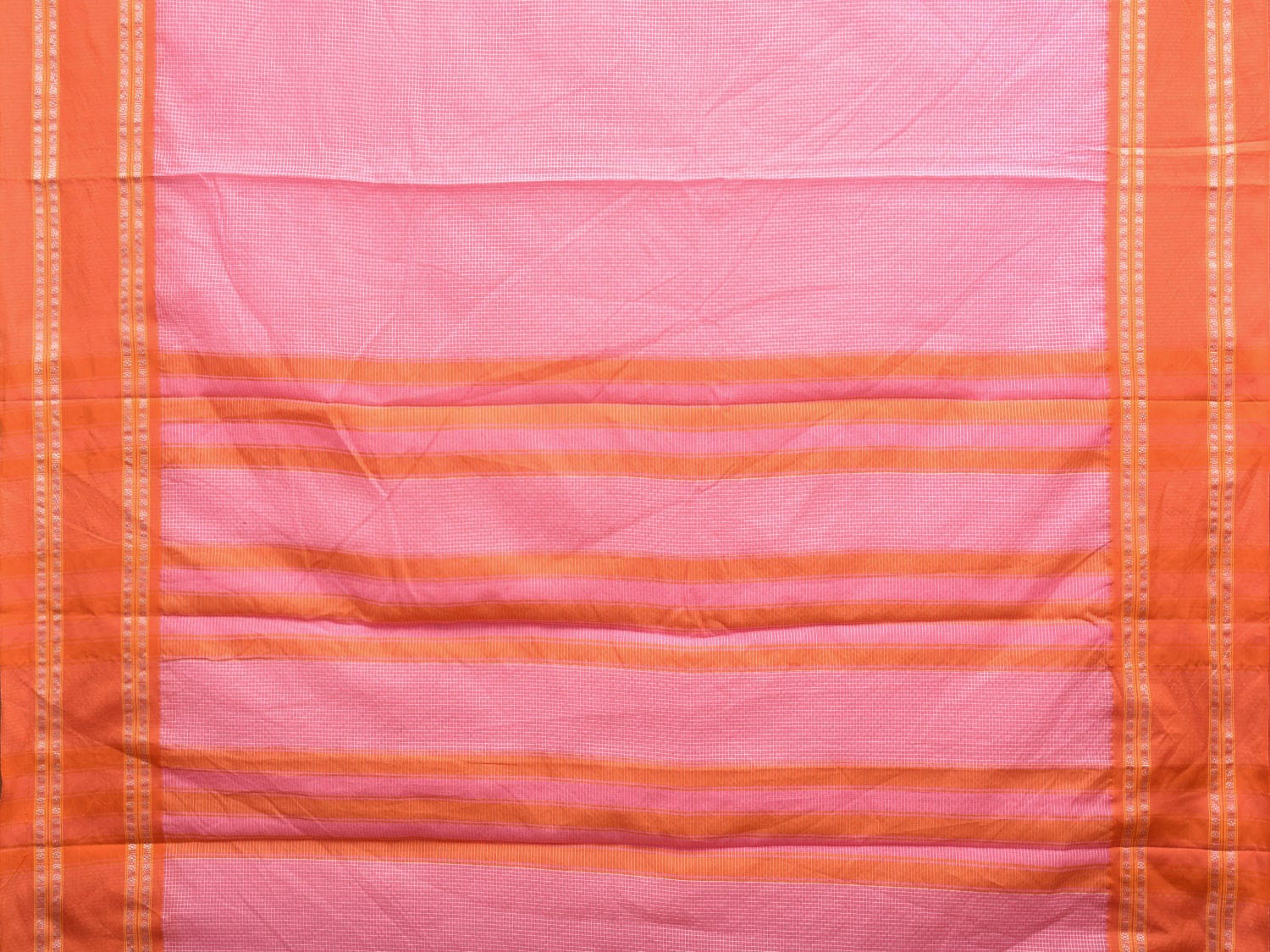Baby Pink and Orange Bamboo Cotton Saree with Small Checks Design No Blouse bc0388