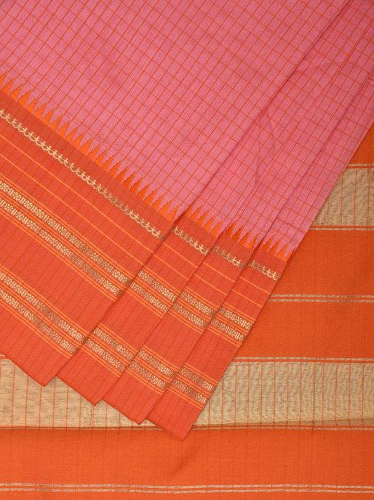 Baby Pink and Orange Bamboo Cotton Viscose Silk Saree with Checks Design No Blouse bc0372