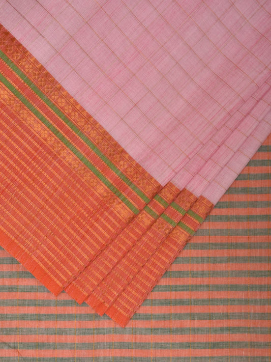 Baby Pink and Orange Kanchipuram Cotton Handloom Saree with Strips Body and Border Design k0551
