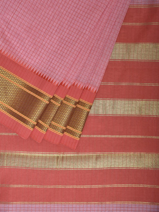 Baby Pink and Peach Bamboo Cotton Saree with Checks Design No Blouse bc0817