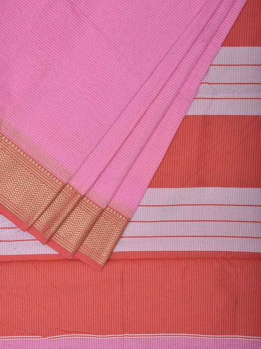 Baby Pink and Peach Bamboo Cotton Saree with Strips and Contrast Pallu Design No Blouse bc0569