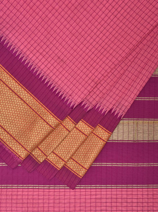 Baby Pink and Pink Bamboo Cotton Saree with Checks Design No Blouse bc0344
