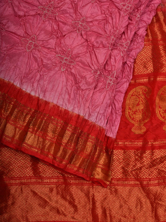 Baby Pink and Red Bandhani Gadwal Silk Handloom Saree with Mango Pallu Design bn0451