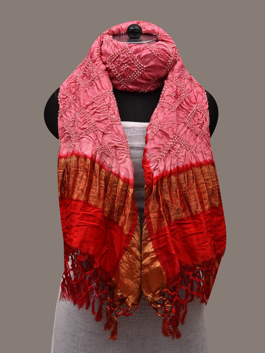 Baby Pink and Red Bandhani Kanchipuram Silk Handloom Dupatta with Border Design ds2731
