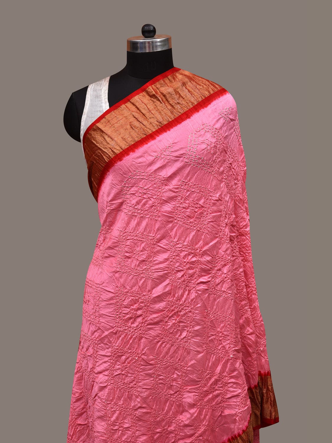 Baby Pink and Red Bandhani Kanchipuram Silk Handloom Dupatta with Border Design ds2913