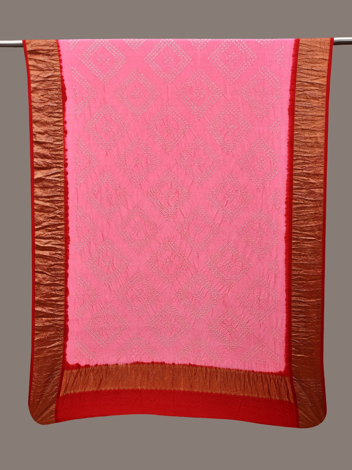 Baby Pink and Red Bandhani Kanchipuram Silk Handloom Dupatta with Border Design ds2913