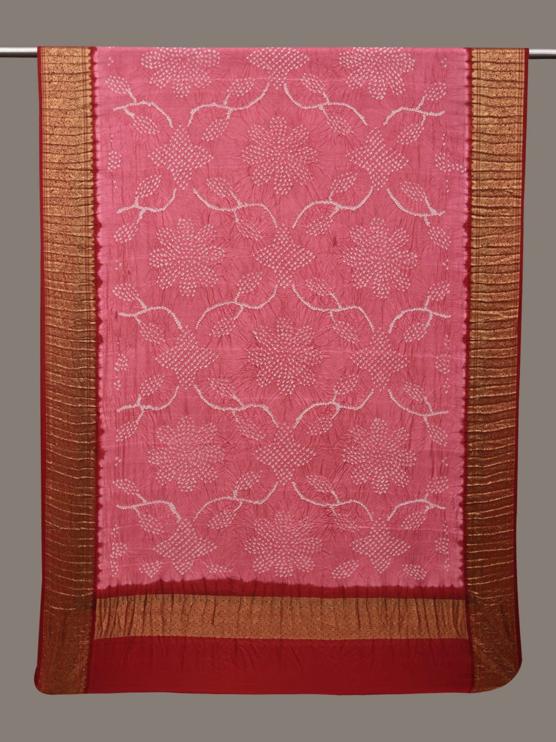 Baby Pink and Red Bandhani Kanchipuram Silk Handloom Dupatta with Floral Work Design ds2986