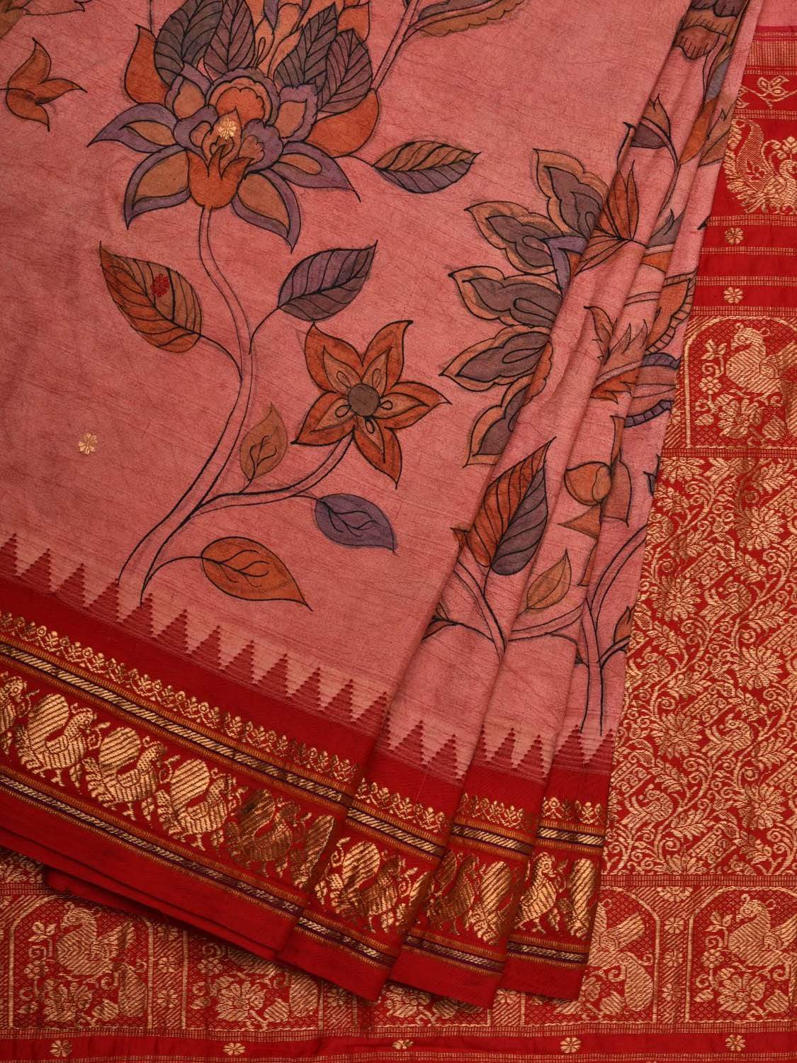 Baby Pink and Red Kalamkari Hand Painted Kanchipuram Silk Handloom Saree with Floral Design KL0548