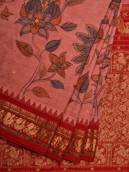 Baby Pink and Red Kalamkari Hand Painted Kanchipuram Silk Handloom Saree with Floral Design KL0548