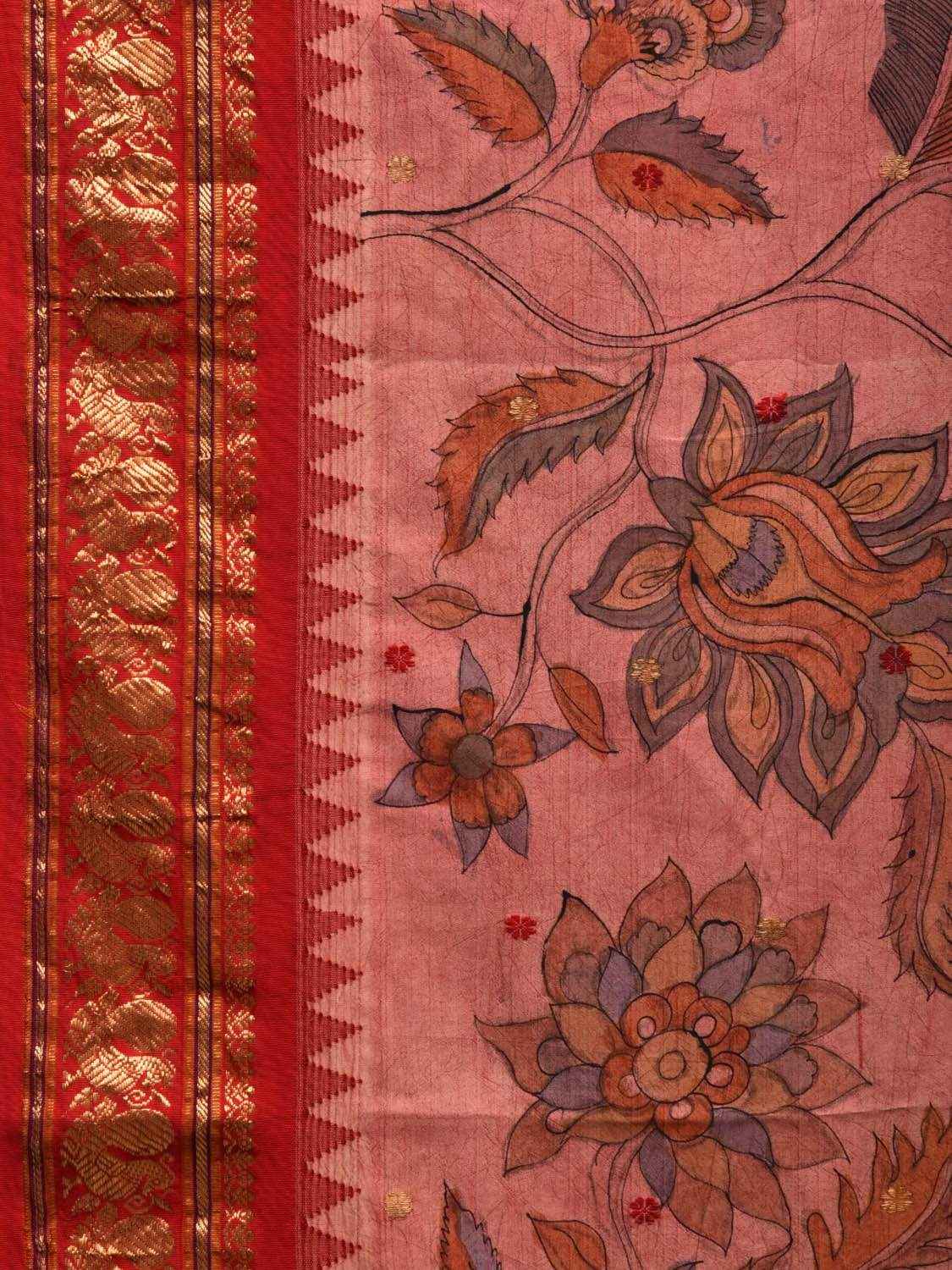 Baby Pink and Red Kalamkari Hand Painted Kanchipuram Silk Handloom Saree with Floral Design KL0548