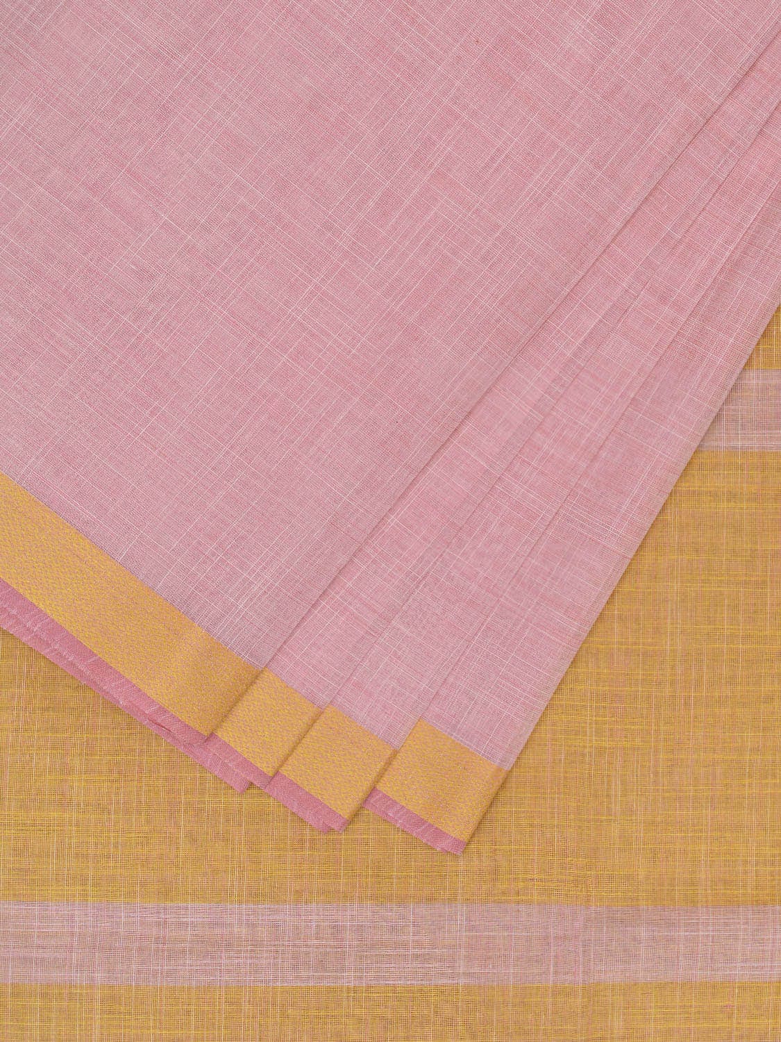 Baby Pink and Yellow Kanchipuram Cotton Handloom Plain Saree with Strips Pallu Design k0588