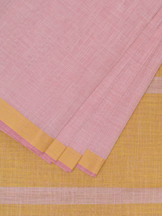 Baby Pink and Yellow Kanchipuram Cotton Handloom Plain Saree with Strips Pallu Design k0588
