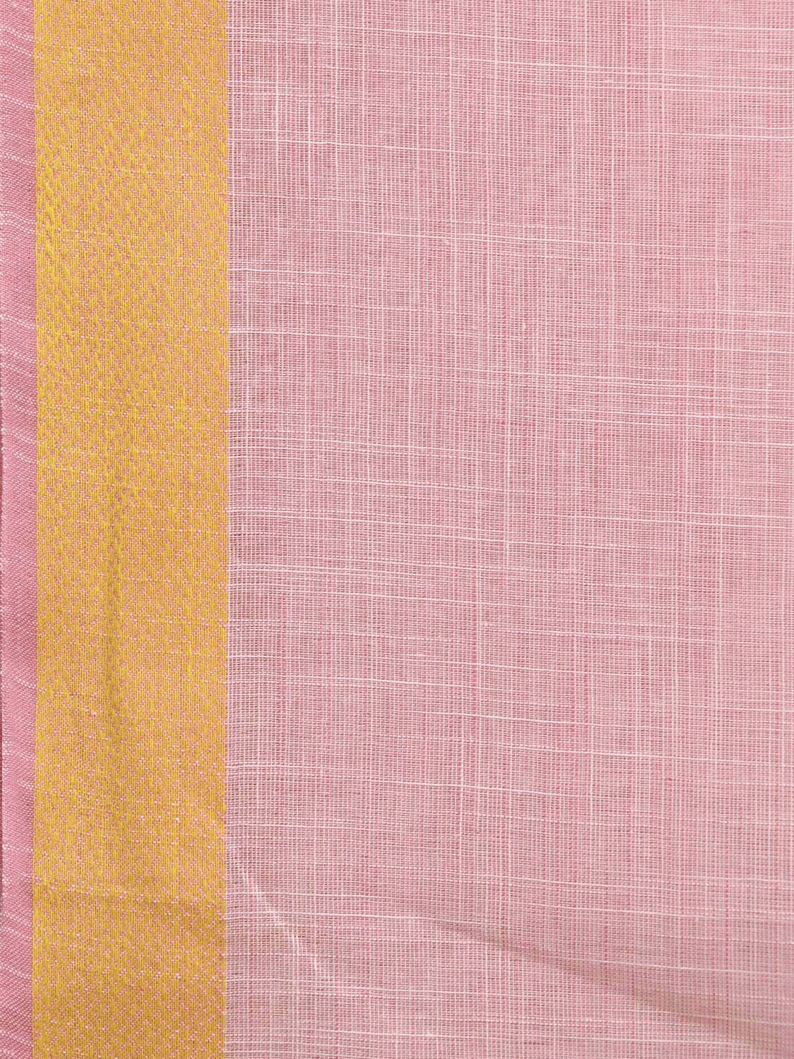Baby Pink and Yellow Kanchipuram Cotton Handloom Plain Saree with Strips Pallu Design k0588