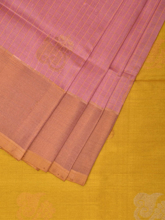 Baby Pink and Yellow Uppada Plain Silk Handloom Saree with Buta and Contrast Pallu Design u2241