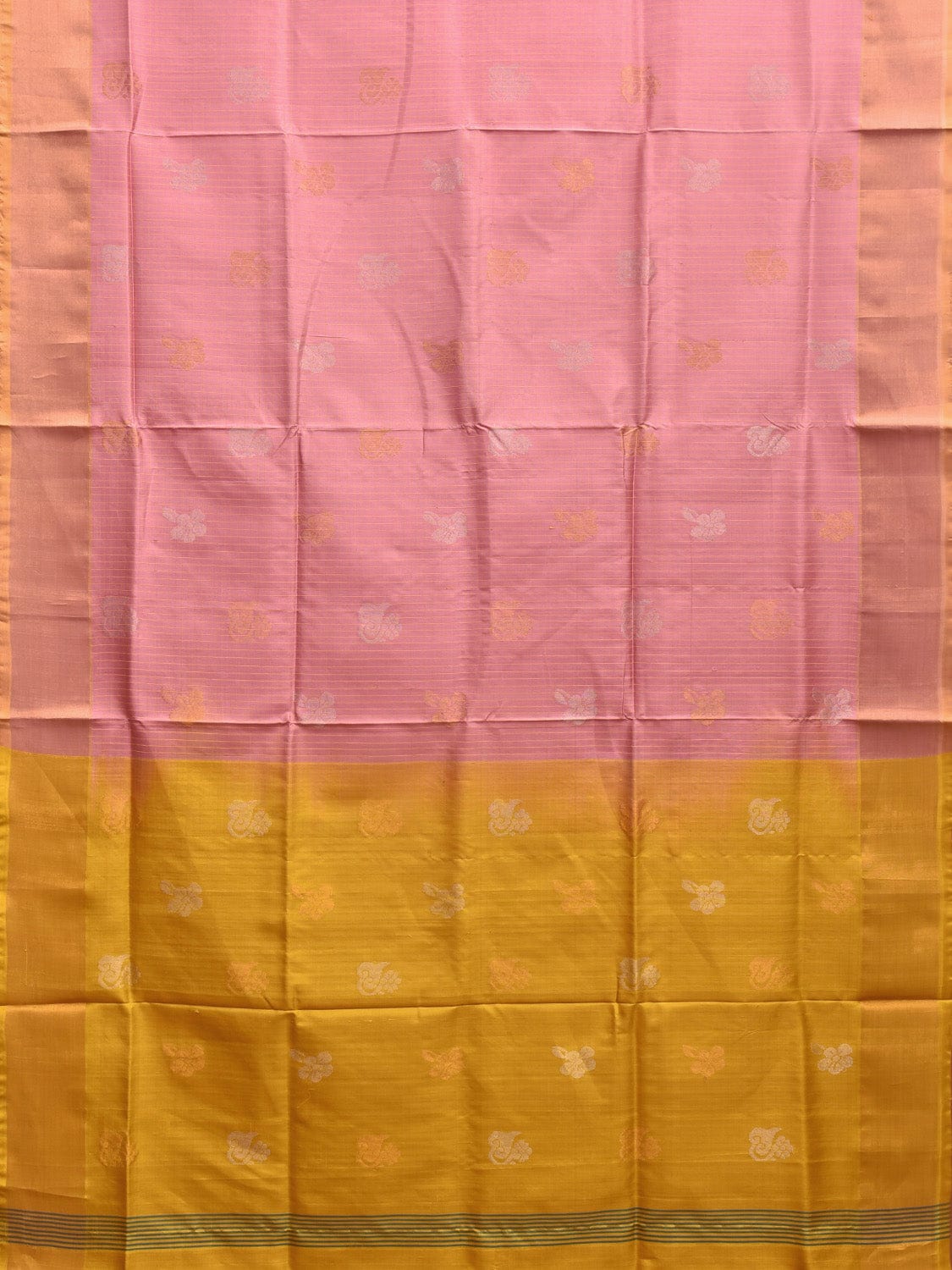 Baby Pink and Yellow Uppada Plain Silk Handloom Saree with Buta and Contrast Pallu Design u2241