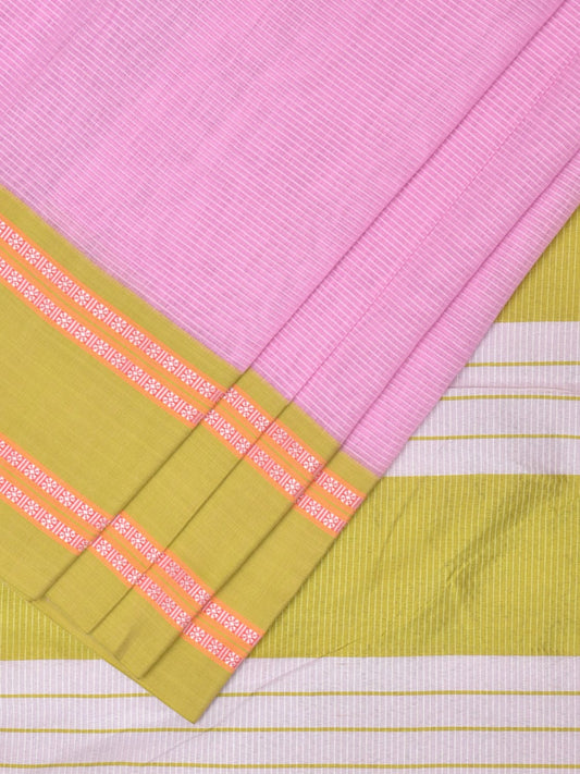 Baby Pink Bamboo Cotton Plain Saree with Strips Design No Blouse bc0205