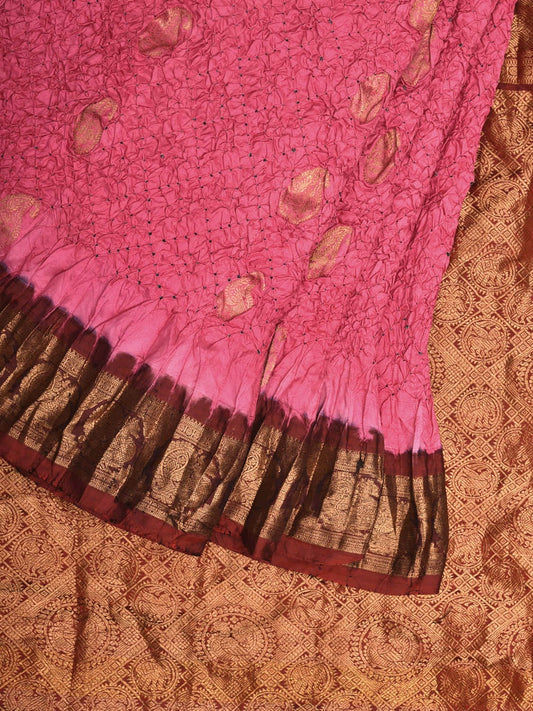 Baby Pink Bandhani Gadwal Silk Handloom Saree with Mango Buta and Border Design bn0413