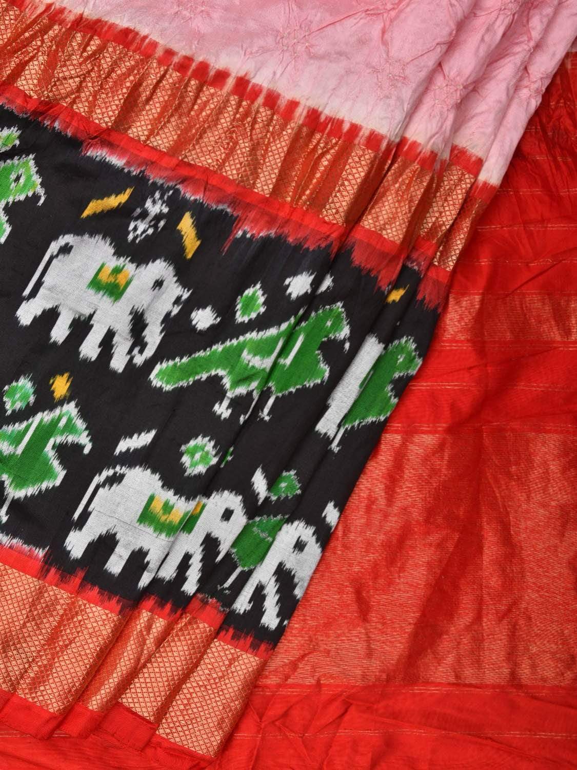 Baby Pink Bandhani Ikat Silk Handloom Saree with One Side Border Design bn0210