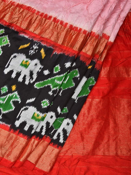 Baby Pink Bandhani Ikat Silk Handloom Saree with One Side Border Design bn0210