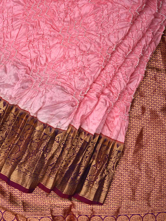Baby Pink Bandhani Kanchipuram Silk Handloom Saree with Border Design bn0203