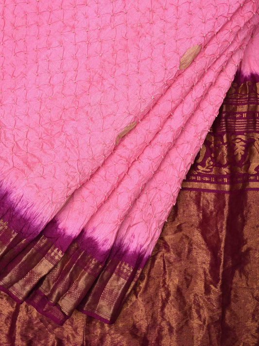 Baby Pink Bandhani Kanchipuram Silk Handloom Saree with Buta and Border Design bn0201