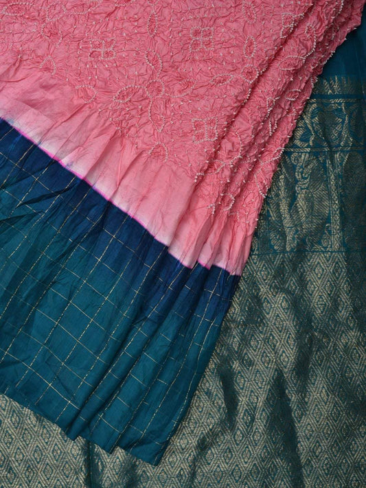 Baby Pink Bandhani Kanchipuram Silk Handloom Saree with Ganga-Jamuna Checks Border Design bn0208