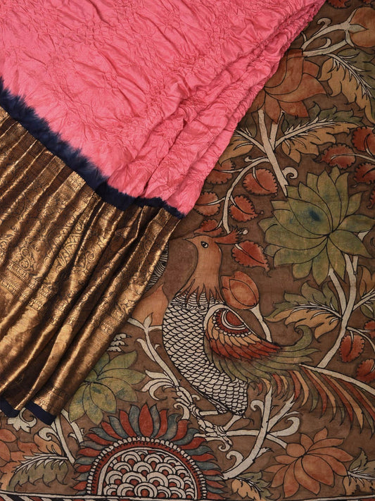 Baby Pink Bandhani Kanchipuram Silk Handloom Saree with Kalamkari Pallu and Blouse Design bn0470