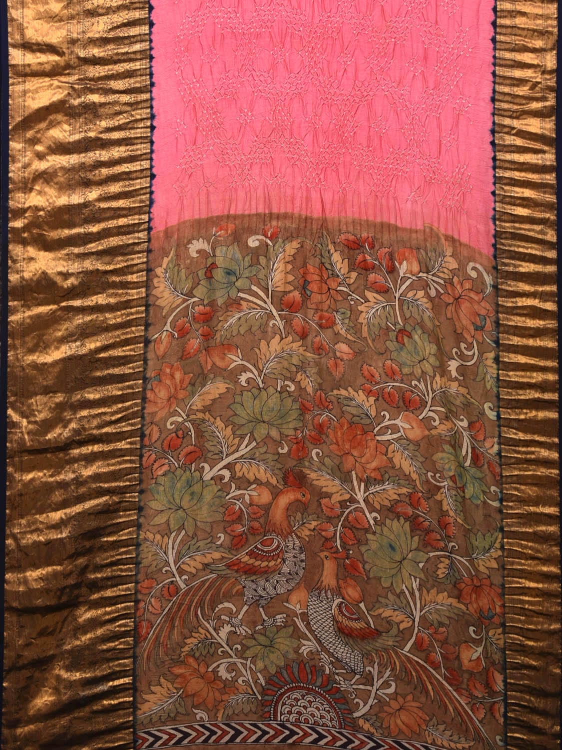 Baby Pink Bandhani Kanchipuram Silk Handloom Saree with Kalamkari Pallu and Blouse Design bn0470