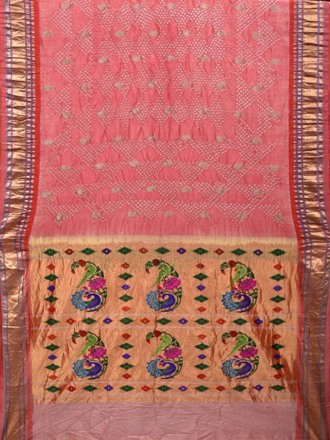 Baby Pink Bandhani Paithani Silk Handloom Saree with Peacock-Parrot Pallu Design bn0383