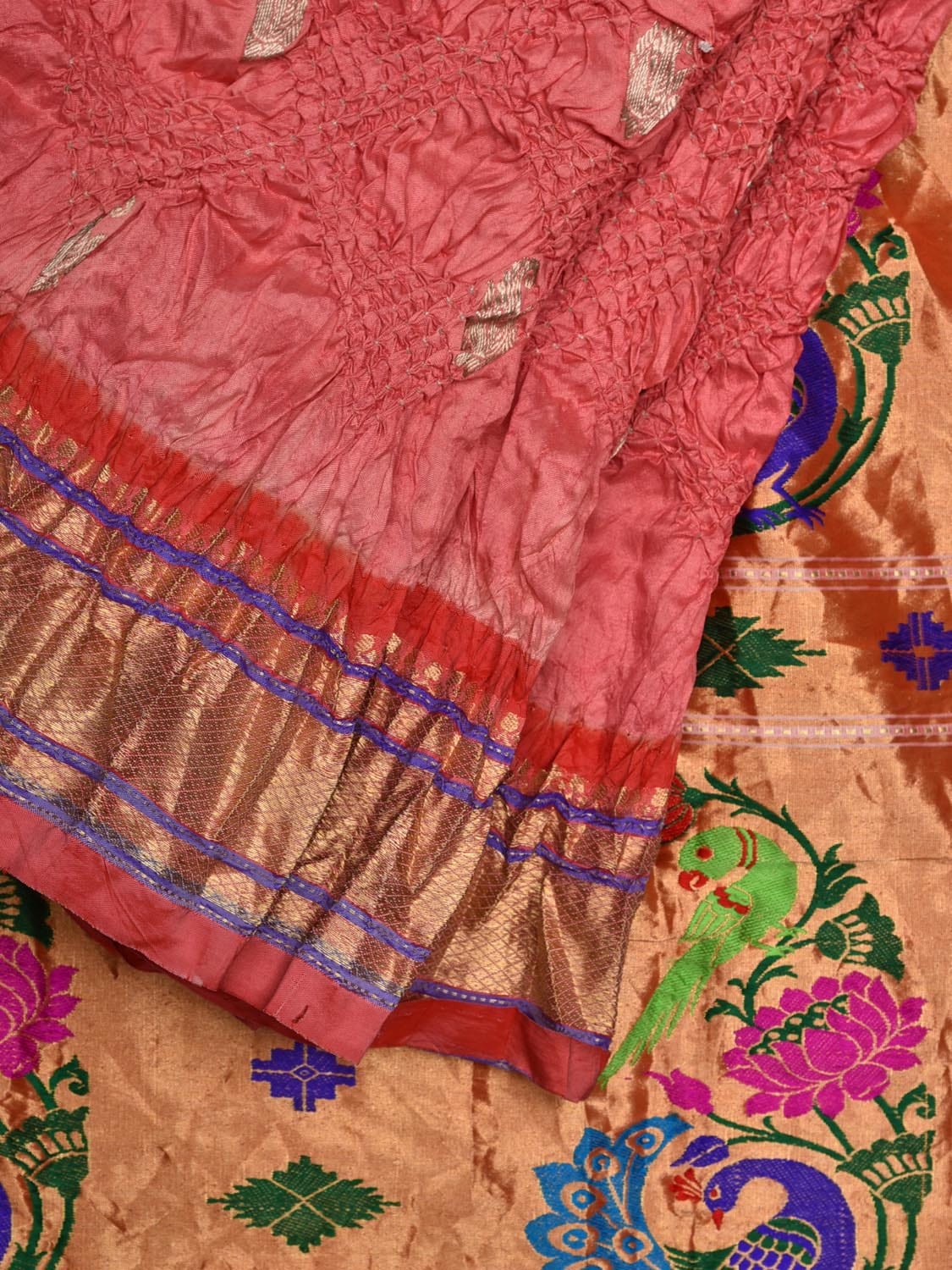 Baby Pink Bandhani Paithani Silk Handloom Saree with Peacock-Parrot Pallu Design bn0383
