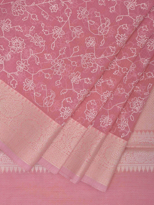 Baby Pink Dhakai Jamdani Cotton Viscose Saree with Floral Embroidary Design dj0084