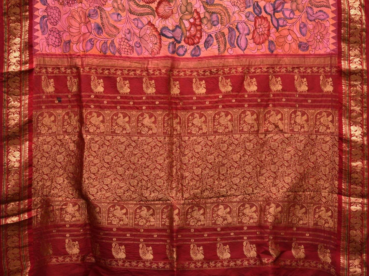 Baby Pink Kalamkari Hand Painted Gadwal Silk Handloom Saree with Floral Design KL0434