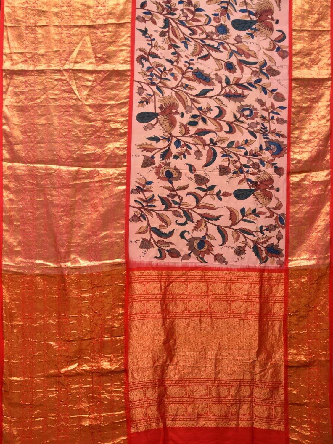 Baby Pink Kalamkari Hand Painted Kanchipuram Silk Handloom Saree with Big Border Design KL0414