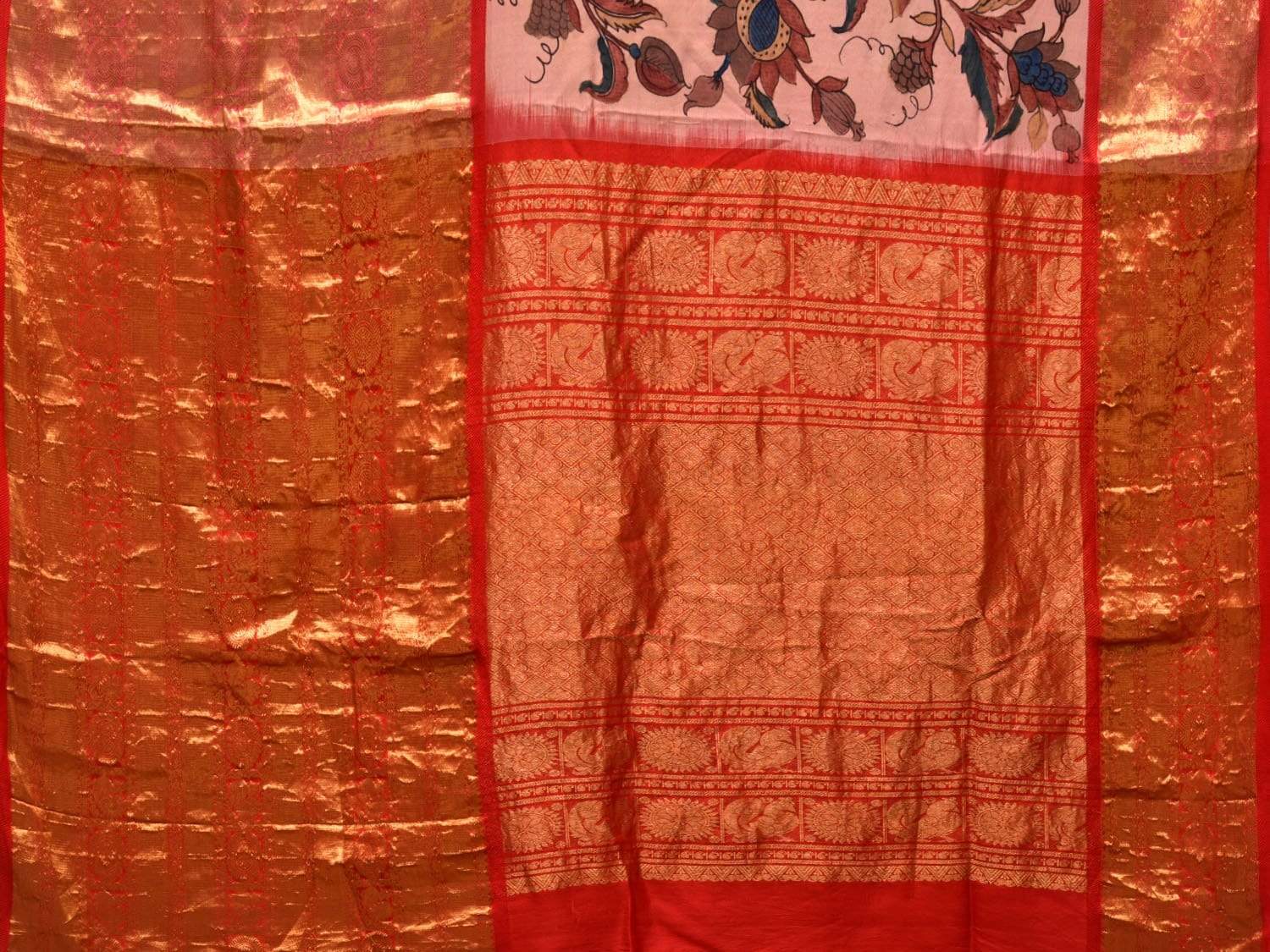 Baby Pink Kalamkari Hand Painted Kanchipuram Silk Handloom Saree with Big Border Design KL0414