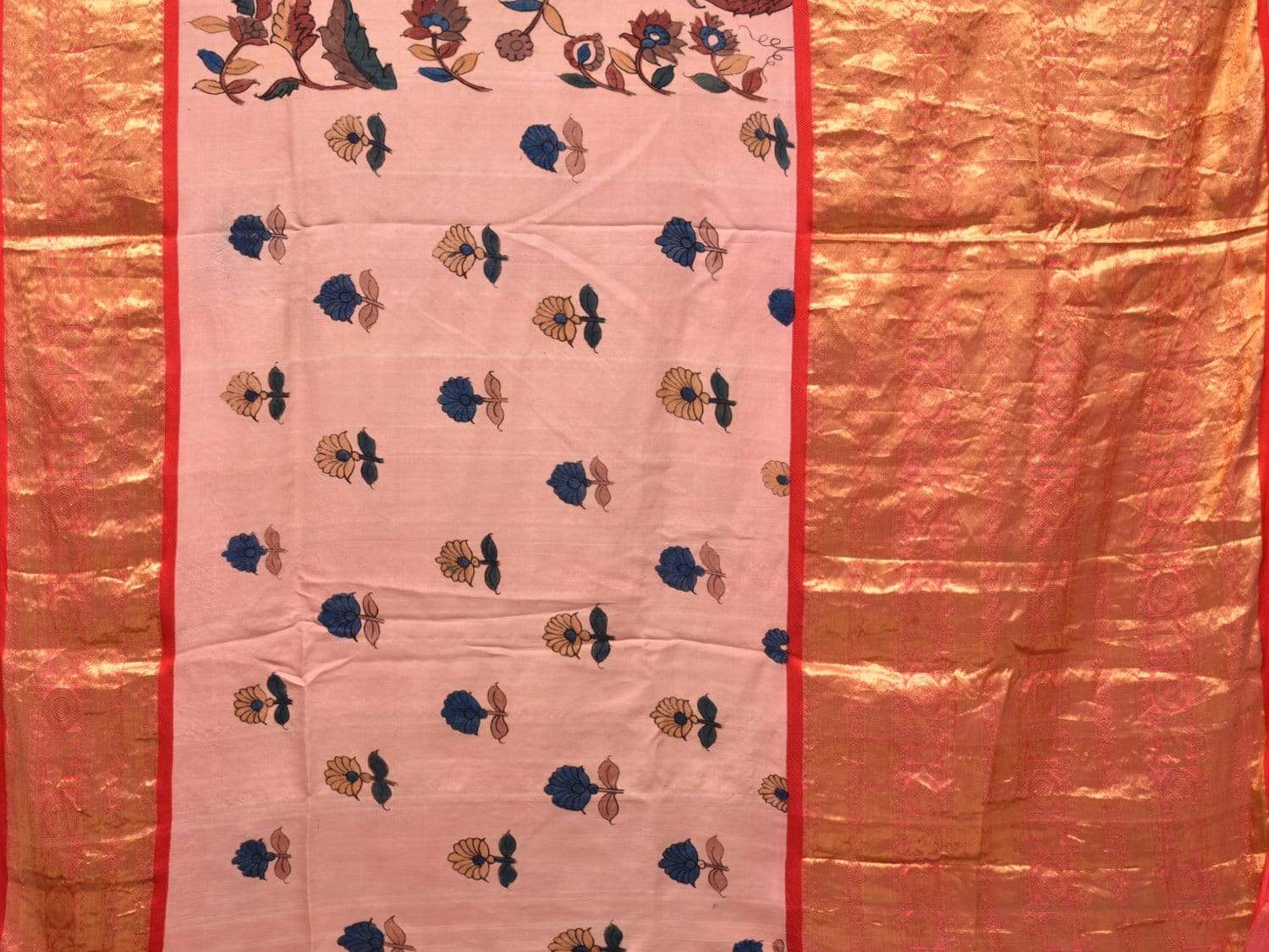 Baby Pink Kalamkari Hand Painted Kanchipuram Silk Handloom Saree with Big Border Design KL0414