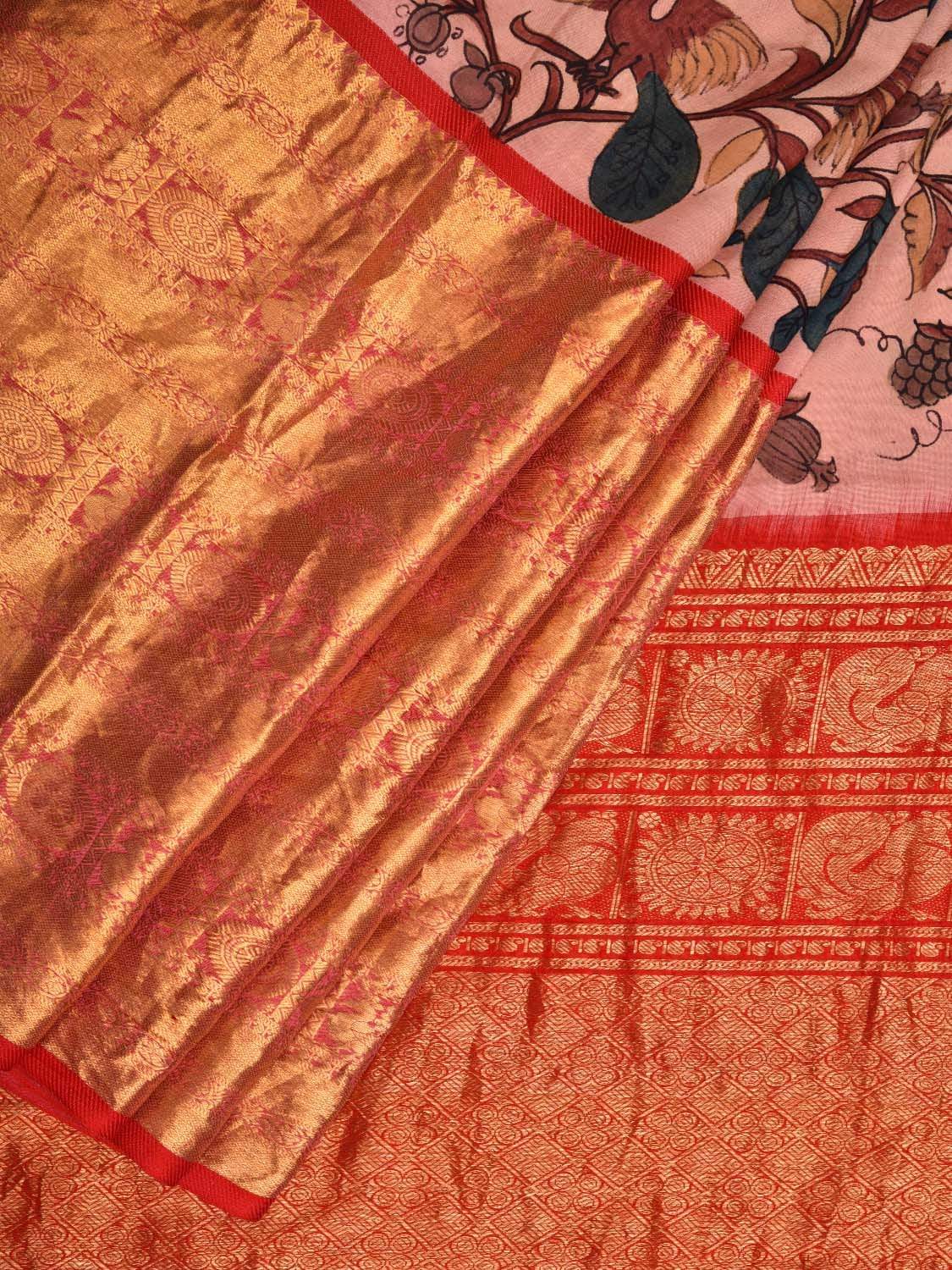 Baby Pink Kalamkari Hand Painted Kanchipuram Silk Handloom Saree with Big Border Design KL0414