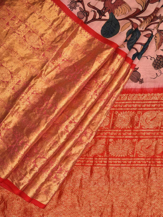 Baby Pink Kalamkari Hand Painted Kanchipuram Silk Handloom Saree with Big Border Design KL0414