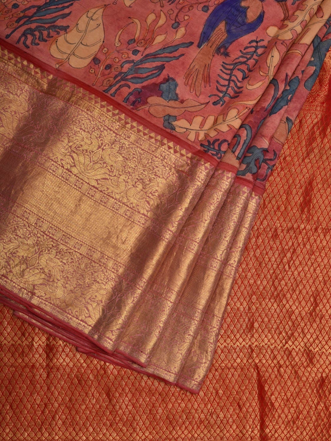 Baby Pink Kalamkari Hand Painted Kanchipuram Silk Handloom Saree with Birds and Plants Design KL0579