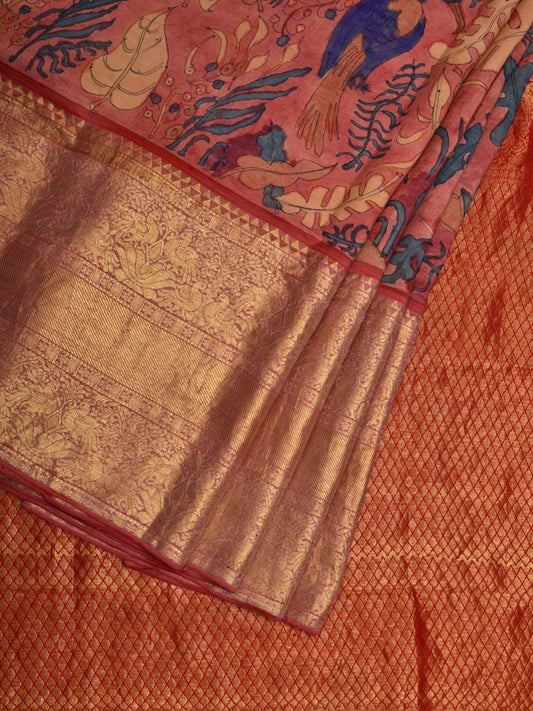 Baby Pink Kalamkari Hand Painted Kanchipuram Silk Handloom Saree with Birds and Plants Design KL0579