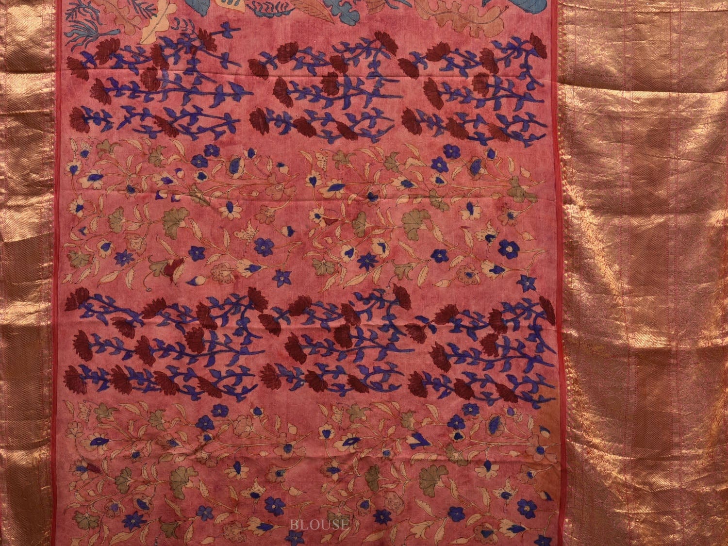 Baby Pink Kalamkari Hand Painted Kanchipuram Silk Handloom Saree with Birds and Plants Design KL0579
