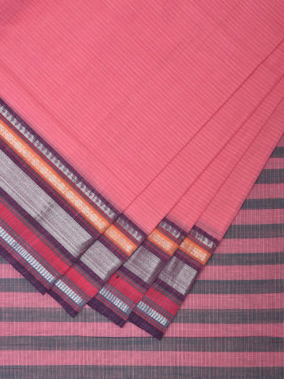 Baby Pink Kanchipuram Cotton Handloom Saree with Border and Strips Pallu Design k0540